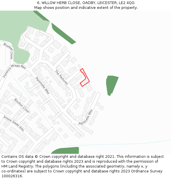 6, WILLOW HERB CLOSE, OADBY, LEICESTER, LE2 4QG: Location map and indicative extent of plot