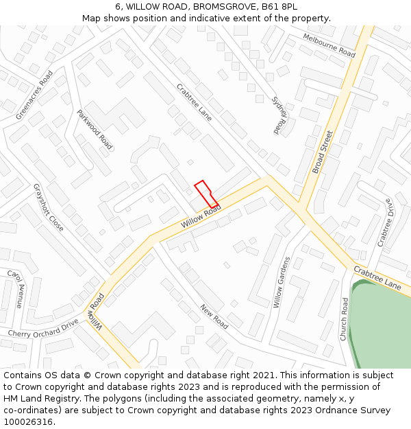 6, WILLOW ROAD, BROMSGROVE, B61 8PL: Location map and indicative extent of plot