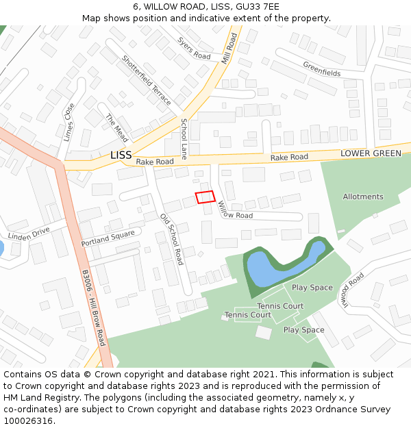 6, WILLOW ROAD, LISS, GU33 7EE: Location map and indicative extent of plot