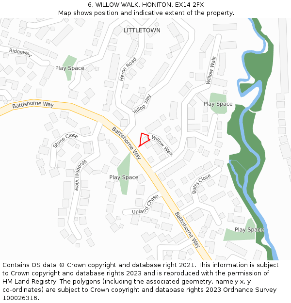 6, WILLOW WALK, HONITON, EX14 2FX: Location map and indicative extent of plot