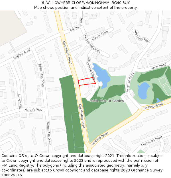 6, WILLOWHERB CLOSE, WOKINGHAM, RG40 5UY: Location map and indicative extent of plot