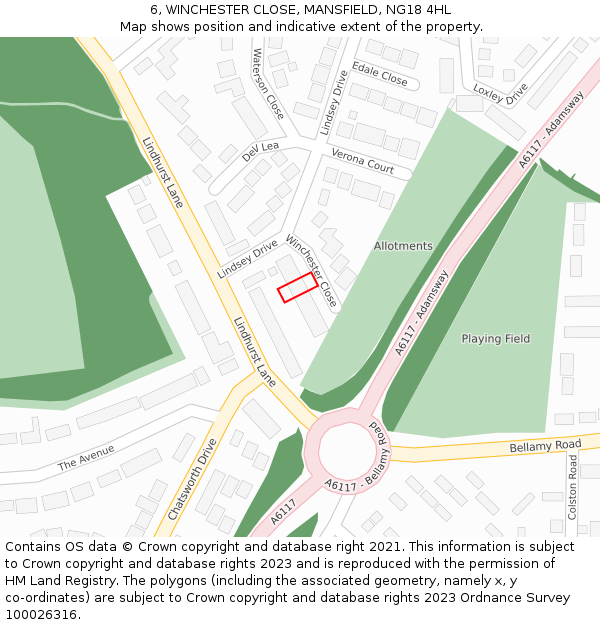 6, WINCHESTER CLOSE, MANSFIELD, NG18 4HL: Location map and indicative extent of plot