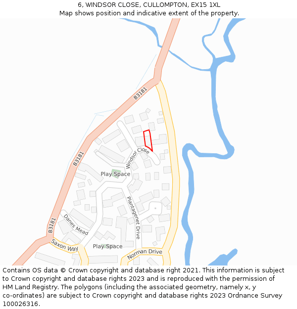 6, WINDSOR CLOSE, CULLOMPTON, EX15 1XL: Location map and indicative extent of plot