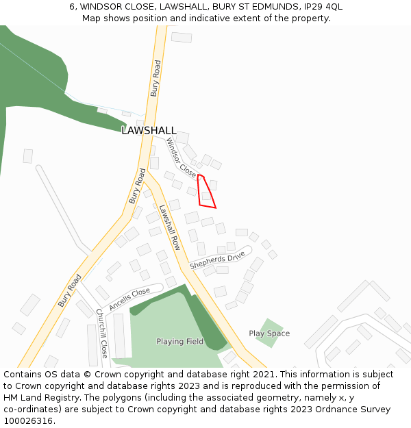 6, WINDSOR CLOSE, LAWSHALL, BURY ST EDMUNDS, IP29 4QL: Location map and indicative extent of plot