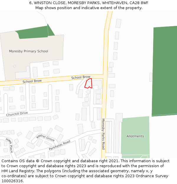 6, WINSTON CLOSE, MORESBY PARKS, WHITEHAVEN, CA28 8WF: Location map and indicative extent of plot