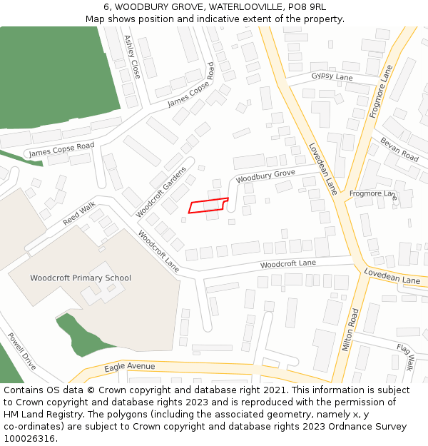 6, WOODBURY GROVE, WATERLOOVILLE, PO8 9RL: Location map and indicative extent of plot