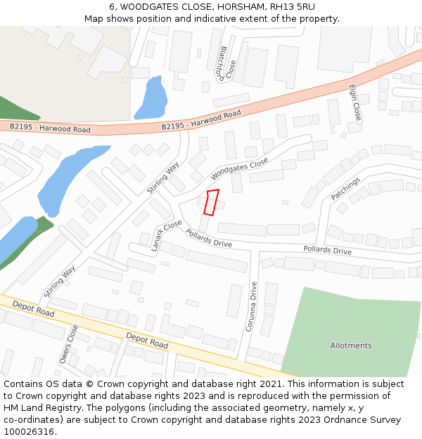 6, WOODGATES CLOSE, HORSHAM, RH13 5RU: Location map and indicative extent of plot