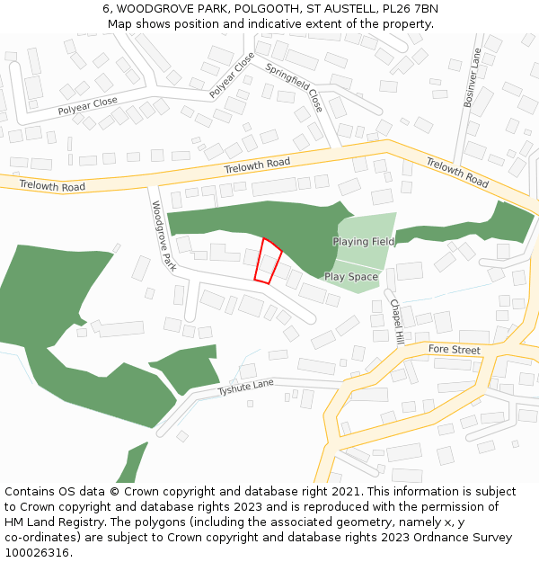 6, WOODGROVE PARK, POLGOOTH, ST AUSTELL, PL26 7BN: Location map and indicative extent of plot