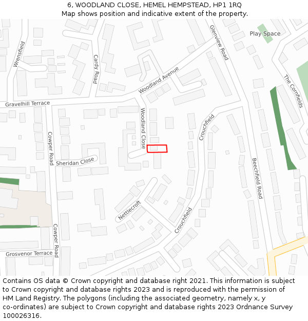 6, WOODLAND CLOSE, HEMEL HEMPSTEAD, HP1 1RQ: Location map and indicative extent of plot