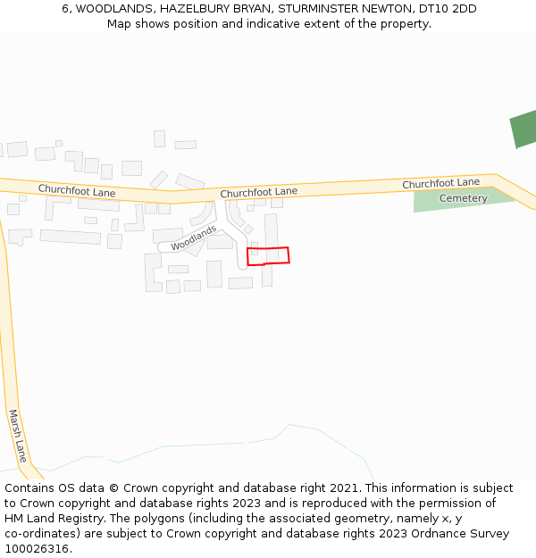 6, WOODLANDS, HAZELBURY BRYAN, STURMINSTER NEWTON, DT10 2DD: Location map and indicative extent of plot