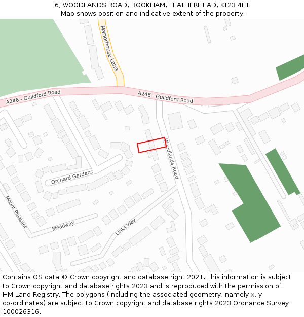 6, WOODLANDS ROAD, BOOKHAM, LEATHERHEAD, KT23 4HF: Location map and indicative extent of plot