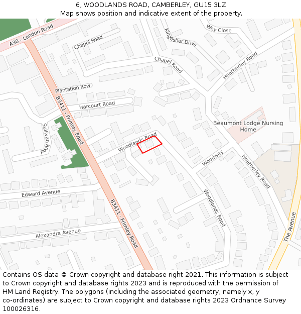 6, WOODLANDS ROAD, CAMBERLEY, GU15 3LZ: Location map and indicative extent of plot