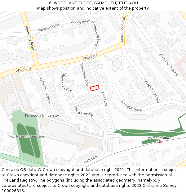 6, WOODLANE CLOSE, FALMOUTH, TR11 4QU: Location map and indicative extent of plot