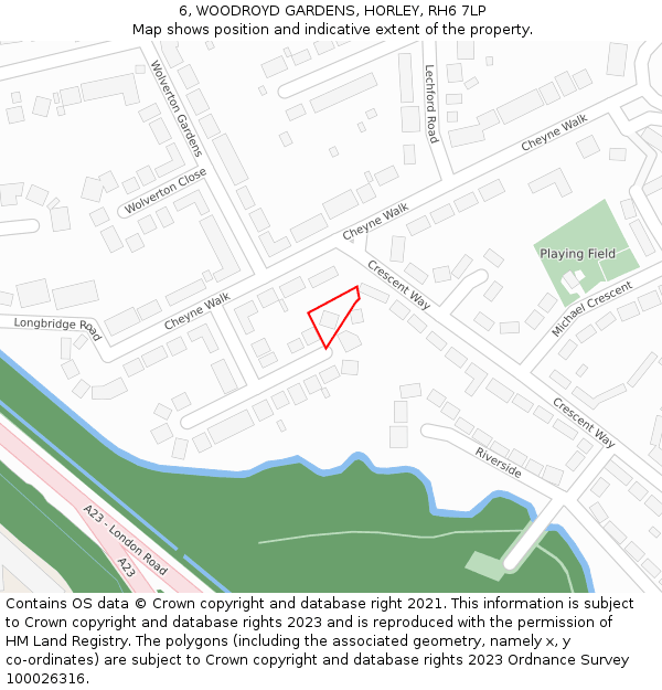 6, WOODROYD GARDENS, HORLEY, RH6 7LP: Location map and indicative extent of plot