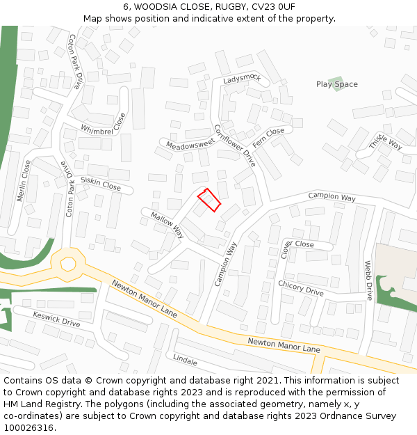 6, WOODSIA CLOSE, RUGBY, CV23 0UF: Location map and indicative extent of plot