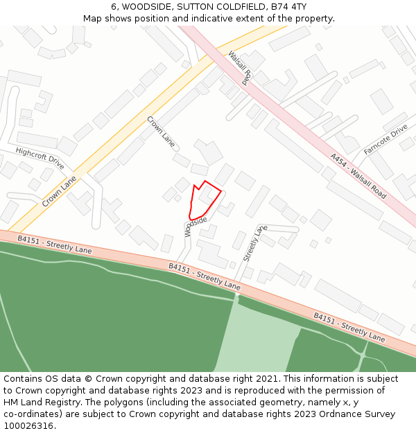 6, WOODSIDE, SUTTON COLDFIELD, B74 4TY: Location map and indicative extent of plot