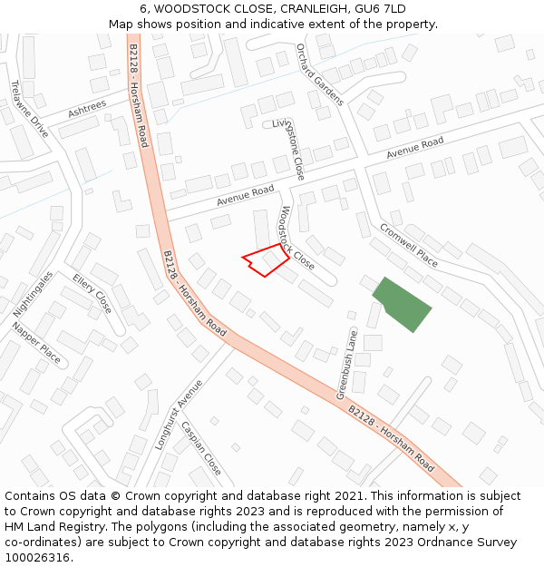 6, WOODSTOCK CLOSE, CRANLEIGH, GU6 7LD: Location map and indicative extent of plot