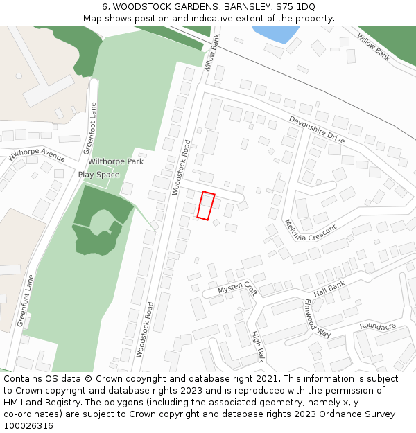 6, WOODSTOCK GARDENS, BARNSLEY, S75 1DQ: Location map and indicative extent of plot