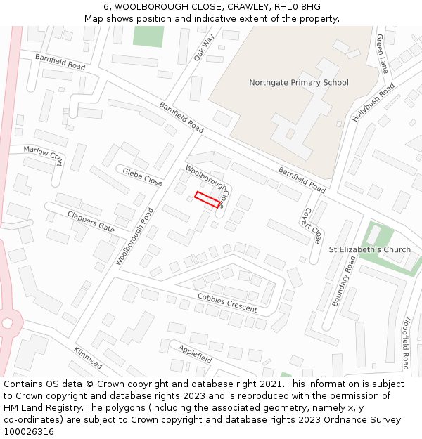 6, WOOLBOROUGH CLOSE, CRAWLEY, RH10 8HG: Location map and indicative extent of plot