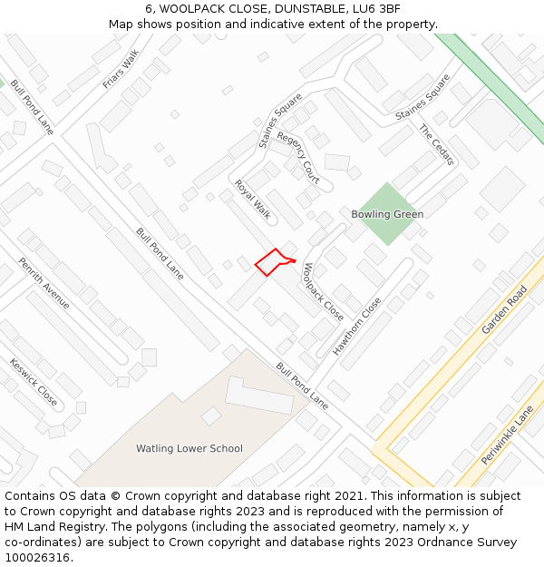 6, WOOLPACK CLOSE, DUNSTABLE, LU6 3BF: Location map and indicative extent of plot