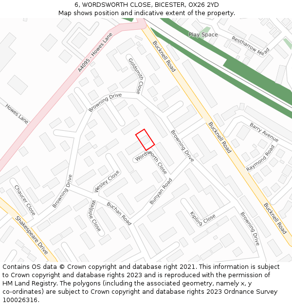 6, WORDSWORTH CLOSE, BICESTER, OX26 2YD: Location map and indicative extent of plot