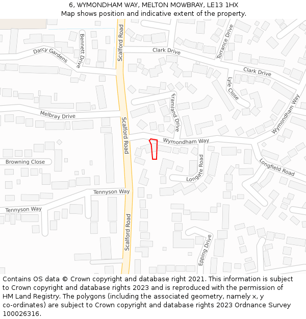 6, WYMONDHAM WAY, MELTON MOWBRAY, LE13 1HX: Location map and indicative extent of plot