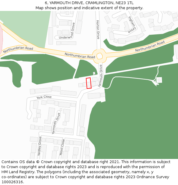 6, YARMOUTH DRIVE, CRAMLINGTON, NE23 1TL: Location map and indicative extent of plot