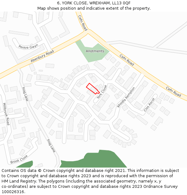 6, YORK CLOSE, WREXHAM, LL13 0QF: Location map and indicative extent of plot