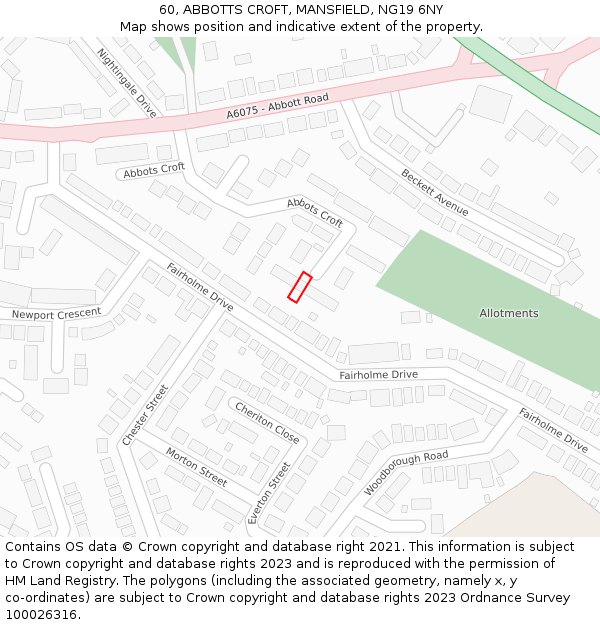 60, ABBOTTS CROFT, MANSFIELD, NG19 6NY: Location map and indicative extent of plot