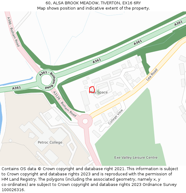 60, ALSA BROOK MEADOW, TIVERTON, EX16 6RY: Location map and indicative extent of plot