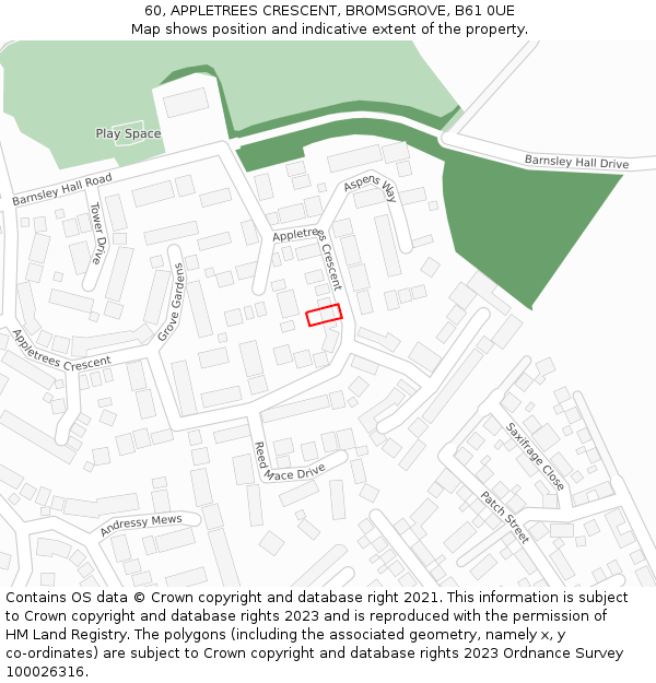 60, APPLETREES CRESCENT, BROMSGROVE, B61 0UE: Location map and indicative extent of plot