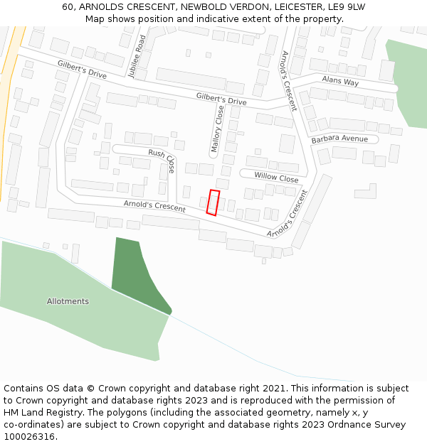 60, ARNOLDS CRESCENT, NEWBOLD VERDON, LEICESTER, LE9 9LW: Location map and indicative extent of plot