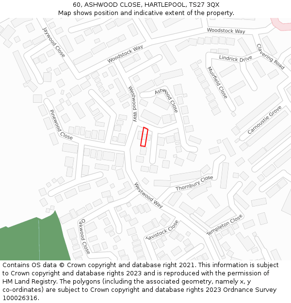 60, ASHWOOD CLOSE, HARTLEPOOL, TS27 3QX: Location map and indicative extent of plot