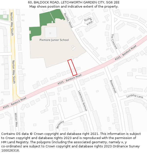 60, BALDOCK ROAD, LETCHWORTH GARDEN CITY, SG6 2EE: Location map and indicative extent of plot