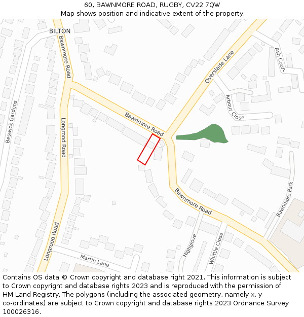 60, BAWNMORE ROAD, RUGBY, CV22 7QW: Location map and indicative extent of plot