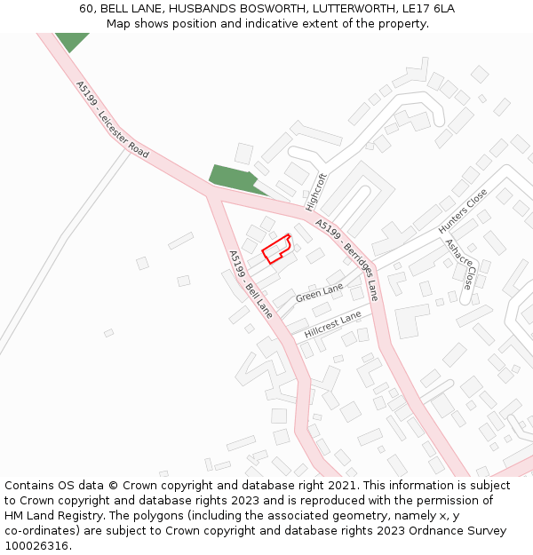 60, BELL LANE, HUSBANDS BOSWORTH, LUTTERWORTH, LE17 6LA: Location map and indicative extent of plot