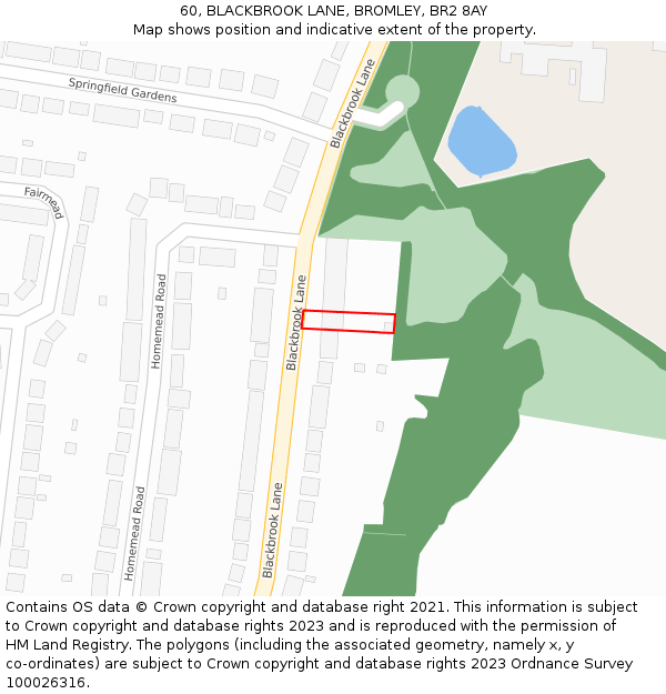 60, BLACKBROOK LANE, BROMLEY, BR2 8AY: Location map and indicative extent of plot