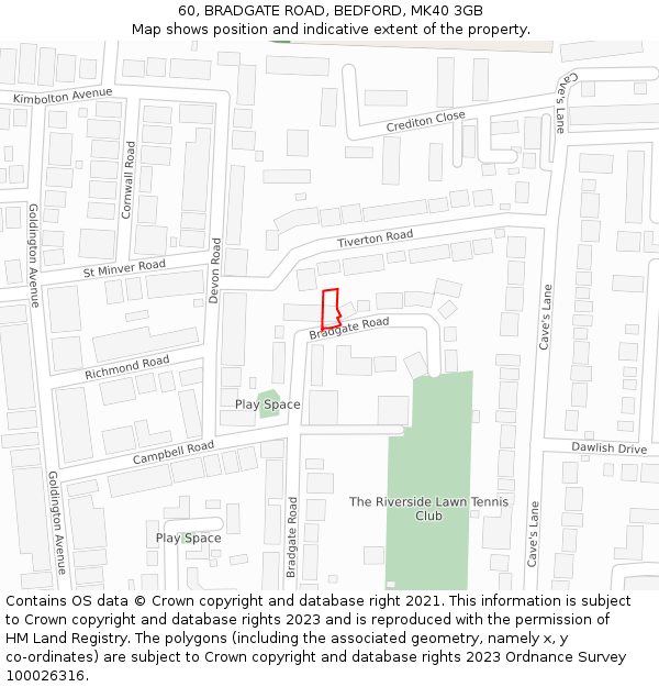 60, BRADGATE ROAD, BEDFORD, MK40 3GB: Location map and indicative extent of plot