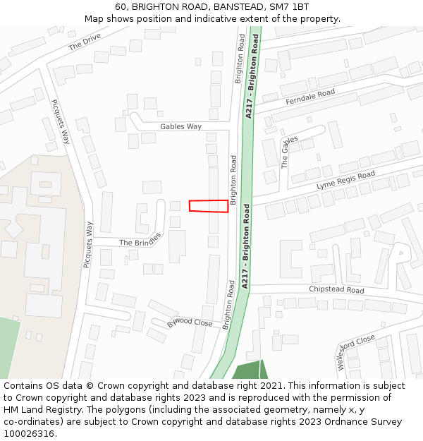 60, BRIGHTON ROAD, BANSTEAD, SM7 1BT: Location map and indicative extent of plot