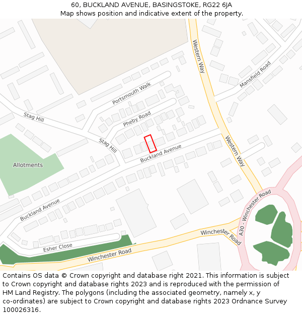 60, BUCKLAND AVENUE, BASINGSTOKE, RG22 6JA: Location map and indicative extent of plot