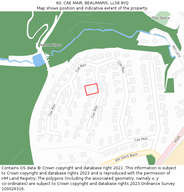 60, CAE MAIR, BEAUMARIS, LL58 8YQ: Location map and indicative extent of plot