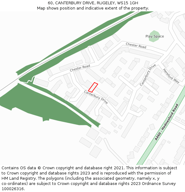 60, CANTERBURY DRIVE, RUGELEY, WS15 1GH: Location map and indicative extent of plot