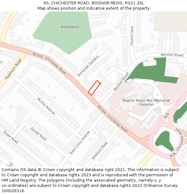 60, CHICHESTER ROAD, BOGNOR REGIS, PO21 2XL: Location map and indicative extent of plot