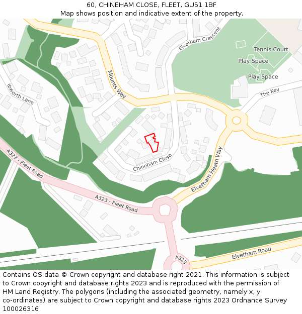 60, CHINEHAM CLOSE, FLEET, GU51 1BF: Location map and indicative extent of plot