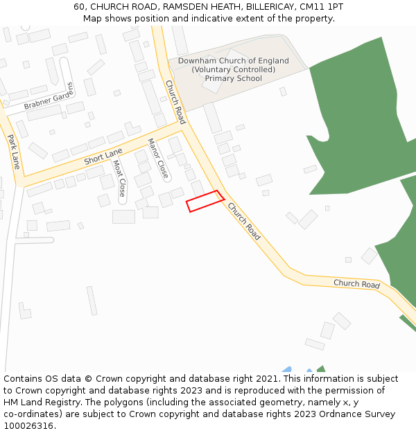 60, CHURCH ROAD, RAMSDEN HEATH, BILLERICAY, CM11 1PT: Location map and indicative extent of plot