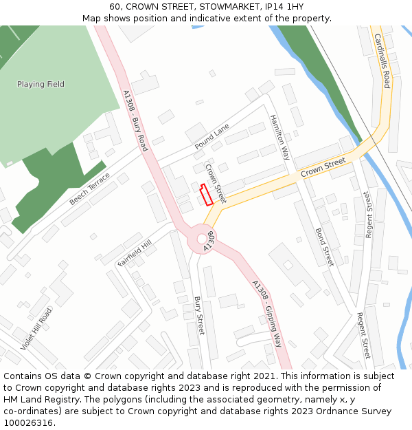 60, CROWN STREET, STOWMARKET, IP14 1HY: Location map and indicative extent of plot