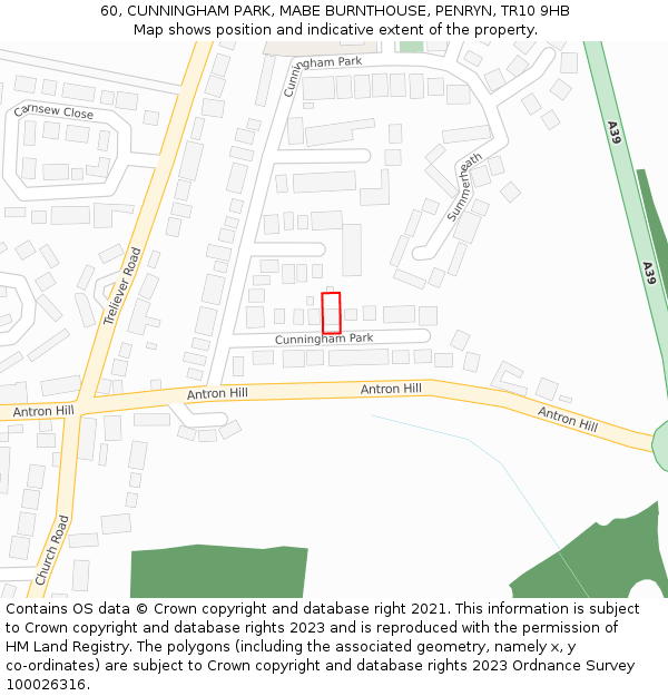 60, CUNNINGHAM PARK, MABE BURNTHOUSE, PENRYN, TR10 9HB: Location map and indicative extent of plot