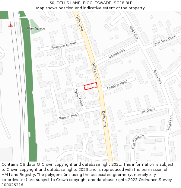 60, DELLS LANE, BIGGLESWADE, SG18 8LP: Location map and indicative extent of plot