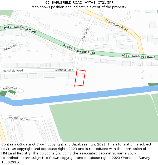 60, EARLSFIELD ROAD, HYTHE, CT21 5PF: Location map and indicative extent of plot
