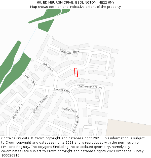 60, EDINBURGH DRIVE, BEDLINGTON, NE22 6NY: Location map and indicative extent of plot